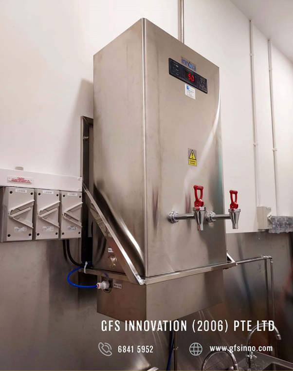 Innova 50L high-capacity hot water dispenser installed at a restaurant kitchen
