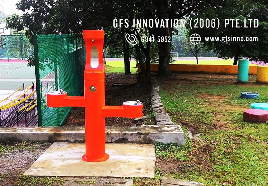 Elkay weather resistant outdoor water dispenser at an outdoor park and sports area